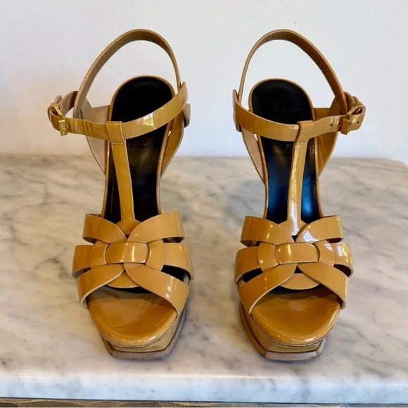 YSL Tribute Platform Sandals In Tan Patent Leather - Picture 2 of 12